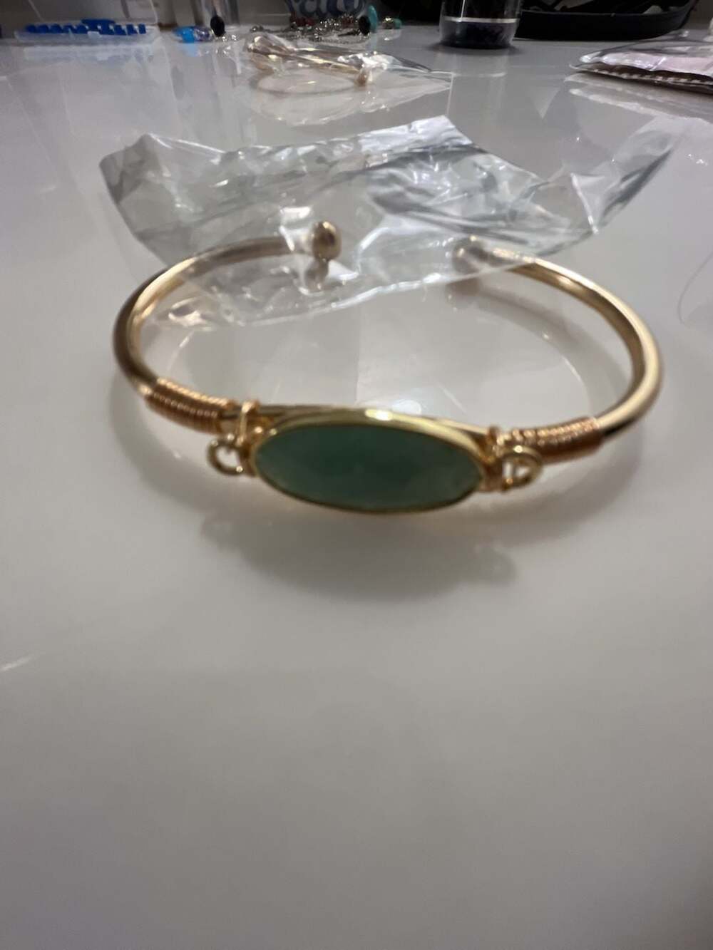 Ten Thousand Villages Green Onyx Gold-Tone Bangle Bracelet